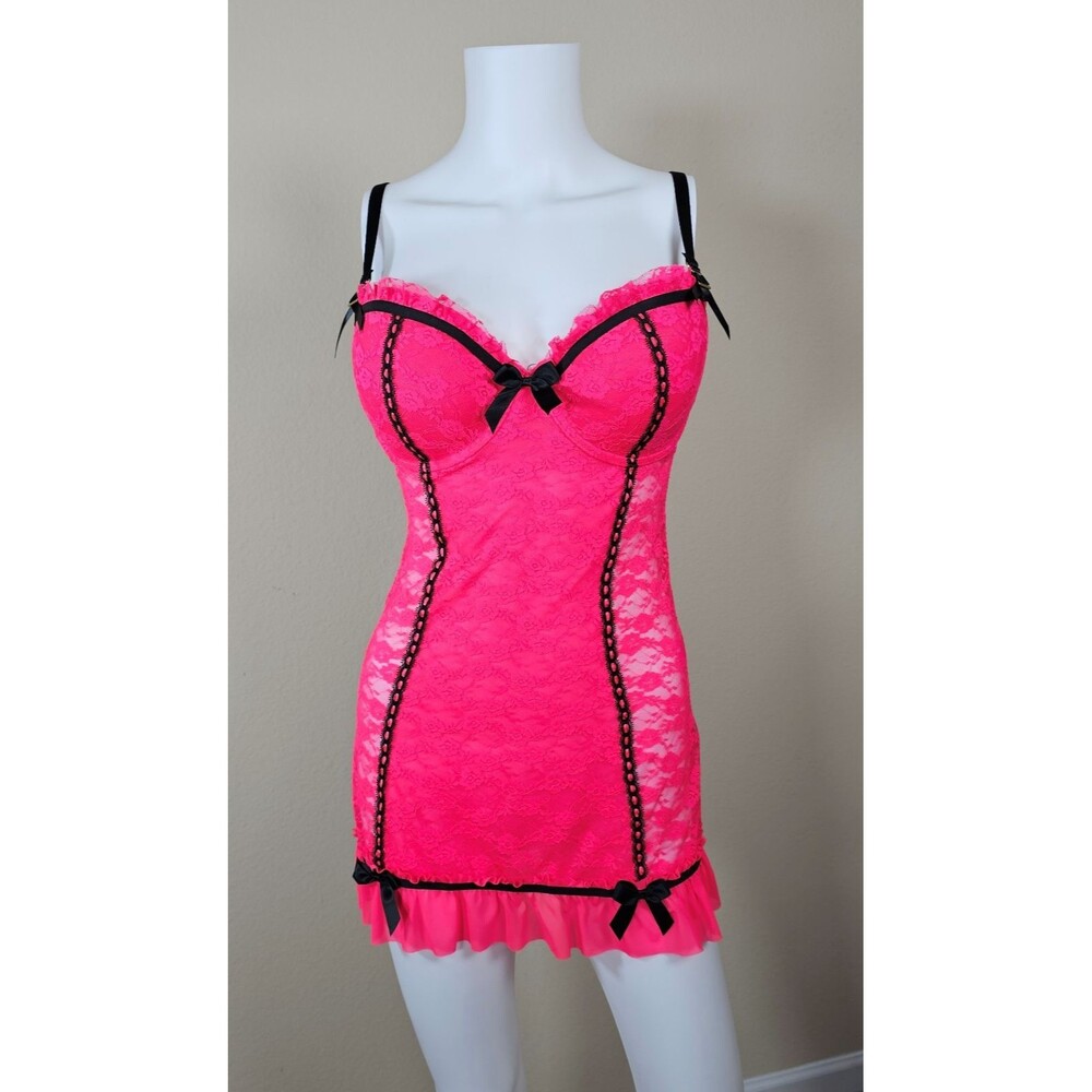 Vintage Y2K Neon Pink Lace Chemise Dress Lingerie with Push-Up and Bows Size S/M